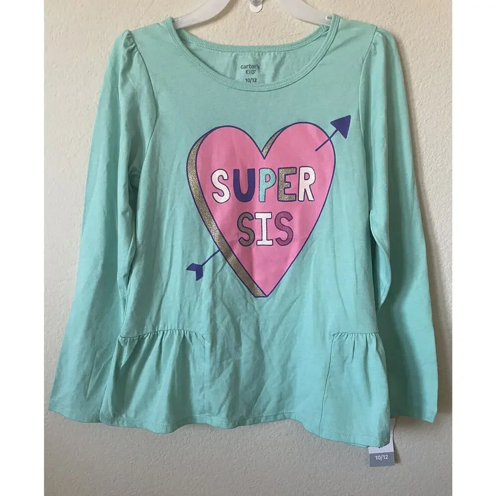 Carter’s Turquoise Sparkle Heart Super Sis Girls’ Long Sleeve Tee Top Size 10/12
